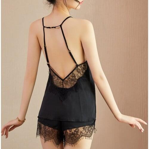 Satin Pajamas Set Women Silk Satin Sleepwear Sleeveless Backless Pijama Nightwear Femme Sexy Lingerie Homewear Two Piece Pjs Set