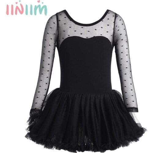 Teen Girls Ballet Tutu Dress Cotton Polka Dots Mesh Long Sleeves Ballet Dancer Leotard Dress Performance Costumes Fancy Dress