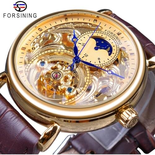 Forsining 2018 Royal Golden Skeleton Display Blue Hands Brown Genuine Leather Belt Mens Mechanical Wristwatches Clock Male