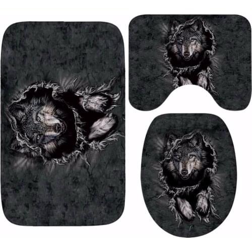 New 3D Cute Animal Wolf Printed Toilet Seat Cover Round Mat 3 Piece Set Warmer Soft Bathroom Carpet Bath Accessories Set