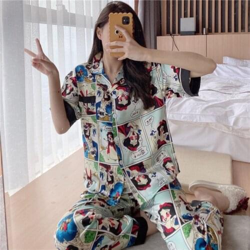 Disney Black Pooh bear cartoon short sleeve trousers spring and summer new silk pajamas female summer home service suit