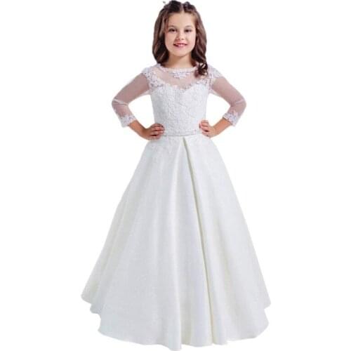Elegant White Flower Girl Dresses for Wedding Lace 3/4 Long Sleeves Hollow Back First Communion Dresses for 2-14 Years
