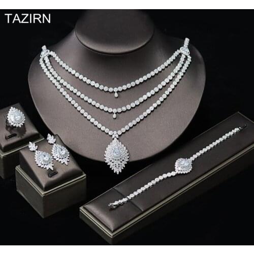 Classic Zircon Dress Jewelry Set CZ Pendant Necklace Bracelet Earrings Ring Bride Wedding Ornaments Luxury Women Party Gifts