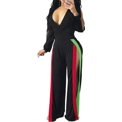2018 Sexy Rompers Spring And Summer Long Sleeve Two Split Green Red Striped V Neck Elegant Jumpsuit