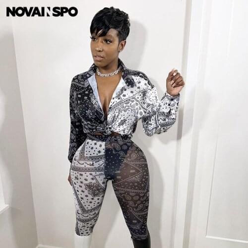 NOVAINSPO Mesh Long Sleeve Transparent Color Blocking Co-ord Sets Casual Workout See Through Printing Tight Tops And Pants Set