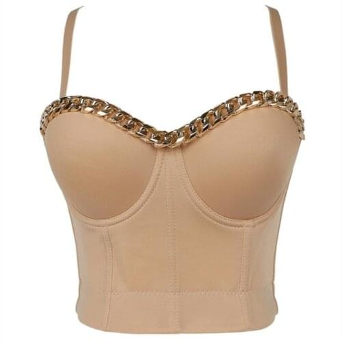 2020 New Women Camisole Top Solid Color Gold Chain Crop Top Bustier Bra Night Club Party Tank Tops Female Top With Steel Ring