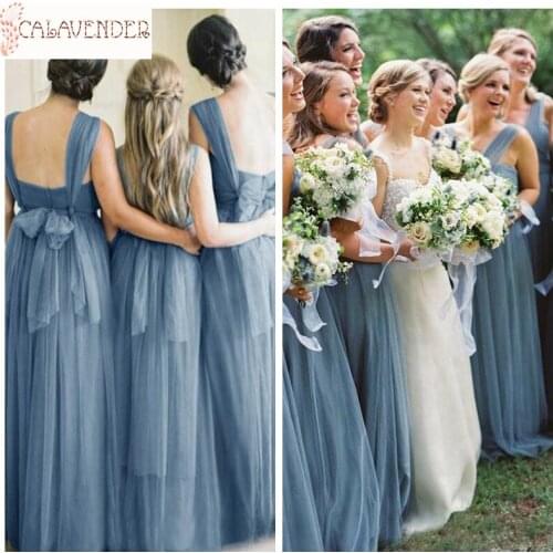 Dusty Blue Tulle Convertible Bridesmaid Dress A-Line Floor Length Simple Dress for Wedding Party robe demoiselle d honneur femme