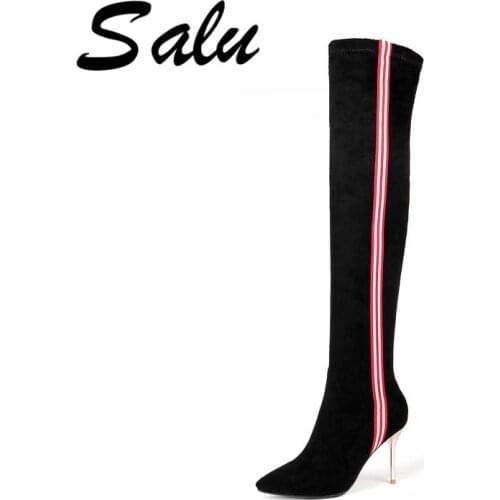 Salu 2020 elastic microfiber thigh high boots above knee women boots leggy long booties round toe out sole ladies shoes