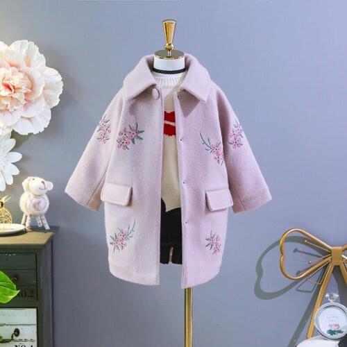 Girls Wool Overcoat Fall Winter 2020 New Babys Kids Medium-Long Thickened Casual Woolen Coat Children Embroidered Outerwear X320