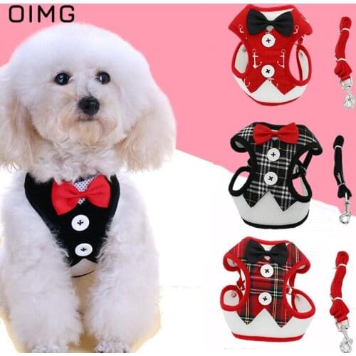 OIMG Small Dog Harness With Necktie Spitz Pomeranian Gentleman Dog Collar and Leash Sets Plaid Cat Harness For Wedding Party