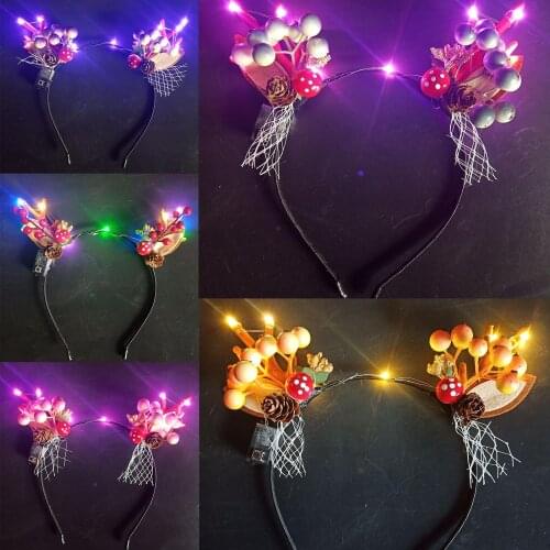 LED Luminous Antler Headband Christmas Party Elk Berry Floral Hair Hoop Toy Gift Headband Christmas Party Elk Berry Floral Hair