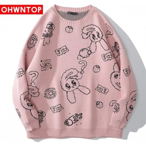 Fashion Casual Sweaters Hip Hop Cartoon Cute Rabbit Strawberry knitted Pullover Sweater Harajuku Streetwear College Style Tops