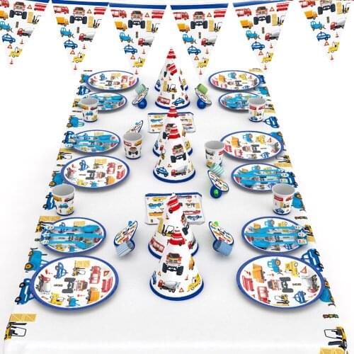 Construction Vehicles Theme Disposable Tableware Paper Plates Engineering Truck Foil Balloon Decoration Birthday Party Supplies