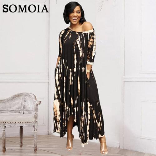 Irregular Womens Clothing Sexy One Word Wide Necked Personality Split Pockets Fashion Tie Dye Temperament Commuter Long Dress