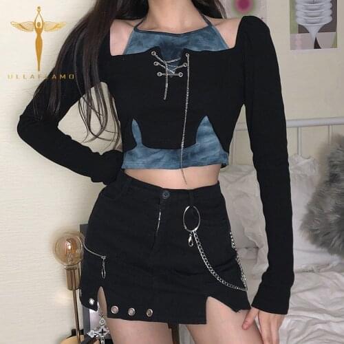 Halter Fake-two T-shirt Long Sleeve Womens Clothes Metal Chain Patchwork Skinny Black Pullover Crop Tops Female Irregular Hollow