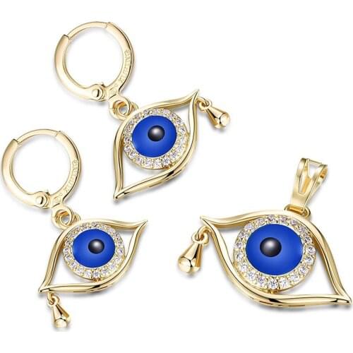 Turkey Blue Eye Shaped Yellow Gold Filled Womens Pendant Earrings Jewelry Set