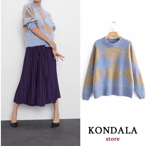 Casual sweater women argyle blue kahaki office lady sweater o-neck autumn and winter wear female pullover fashion za 2020sweater