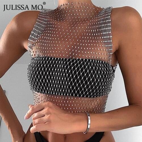 Sibybo Shiny Rhinestones Mesh Crop Top Women Tops 2018 Sexy V Neck Transparent Party Club Tank Top Female Sleeveless Summer Tops