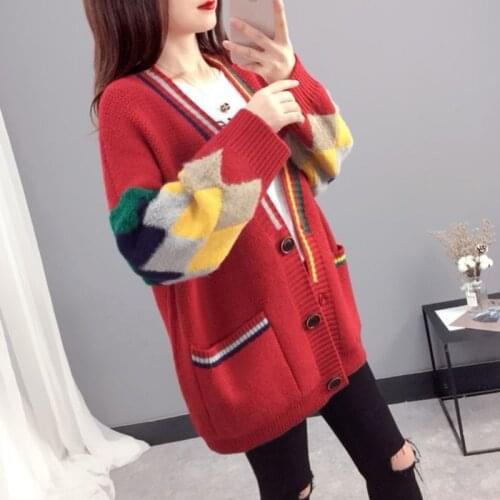 2021 Womens Jacket Sweaters Knitted Cardigans Plus Size Micro Fat Korean Version Loose Lazy Style Net Red Splicing Coat Top
