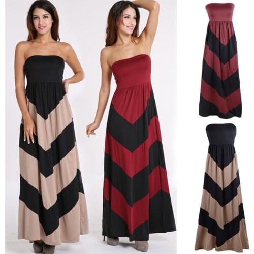 Women Fashion Sexy Sleeveless Slim Stripped Pattern Maxi Beach Long Dress