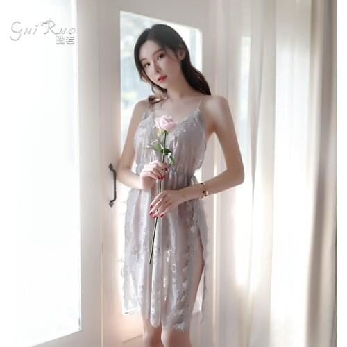 Womens Sexy lingerie suit Hollow out Lace braces skirt nightdress perspective Gauze Nightgown seduction Chemises Exotic Apparel