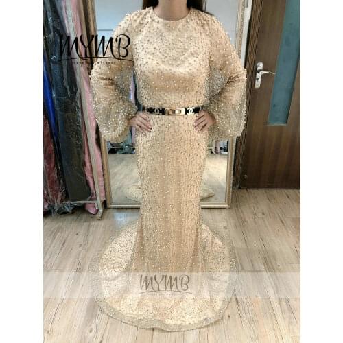 MYMB Brand Puffy Long Sleeve Evening Gown 2021 Round Neck Pearls Mother Of Bride Dress MY41101