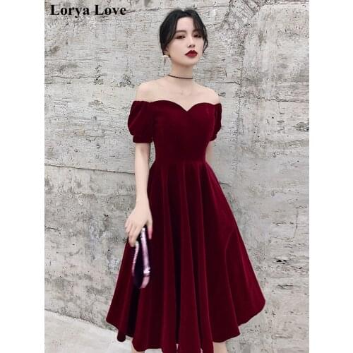 Burgundy Short Evening Dresses 2020 Off Shoulder Prom Dresses Velvet Women Formal Party Night Vestidos De Gala Graduation Gowns