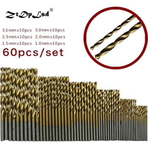 ZtDpLsd 60Pcs/Lot Titanium Coated Drill Bits Hss High Speed Steel Power Tool Manual Twist Bit For Metal Woodworking Mini Plastic