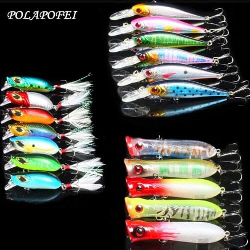 18pcs Wobbler Fishing Lure Minnow Popper Crankbait Pike Salmon Artificial Bait Fish Hook Fishing Accessories Tackle Tools D