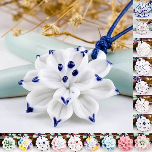 2021 Vintage Blue and White Ceramic Handmade Lotus Flower Pendant Necklace Chinese Style Ethnic Style Long Necklace for Women