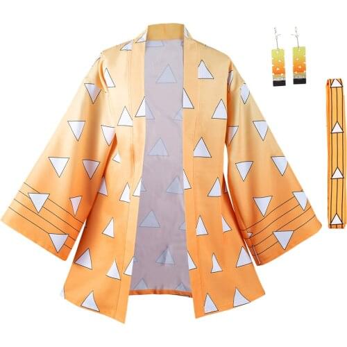 Anime Demon Slayer Agatsuma Zenitsu Cosplay Costumes Halloween Carnival Suit with Earrings Belt