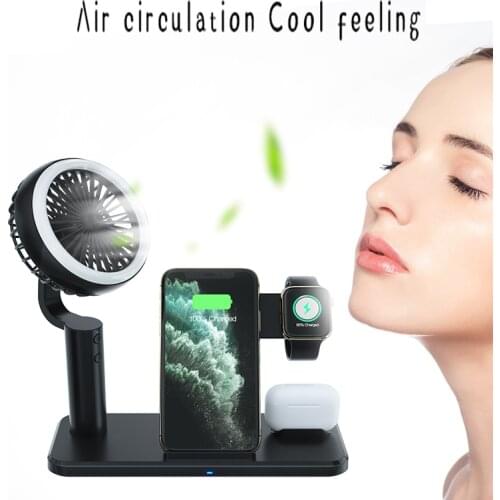 3in1 Qi Wireless Charger for iPhone12 11 XR X 8 Plus Samsung, Wireless Charger Stand for Apple Watch /AirPods with Fan Light