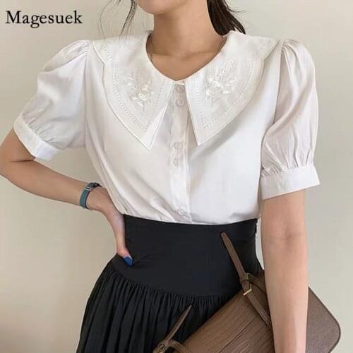 Summer Embroidery Flower Blouse Women Korean Fashion Retro Lapel Loose White Tops Puff Short Sleeve Button-up Shirt Ladies 15169