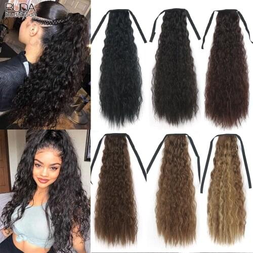 Budabuda Synthetic Corn Wavy Hair Wrap Around Drawstring Ponytail Hair Extensions 22Inch Long Natural Wavy Afro Curls For Women