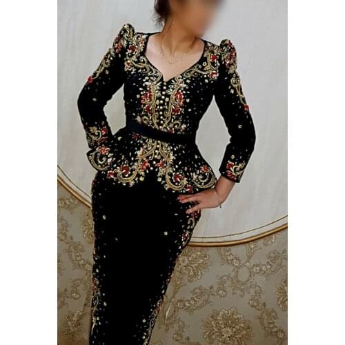 New Black Split Evening Dresses Full Sleeves Party Gowns Beaded Velvet Mermaid Prom Dress Arabic Dubai Robe de Soirée de Mariage