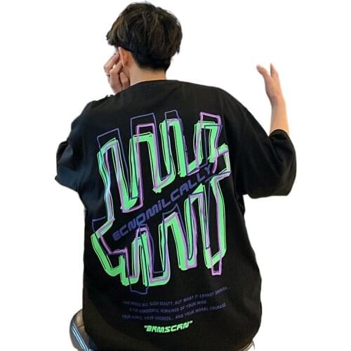 100% cotton summer short sleeve Korean loose creative printing round neck and half sleeve ins hip-hop five-point T-shirt male