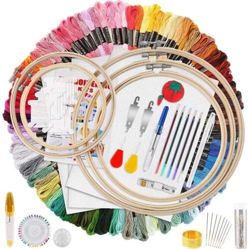 Hot 205Pcs Embroidery Starter Kit, 100 Colors of Thread, 40 Sewing Needles for Beginners Cross Stitch Tools with Instruction