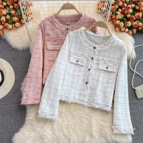 Autumn Winter Tweed Jackets Women O-Neck Long Sleeve Loose Woolen Coat Single Breasted Outwear Vintage Harajuku Suit Tops