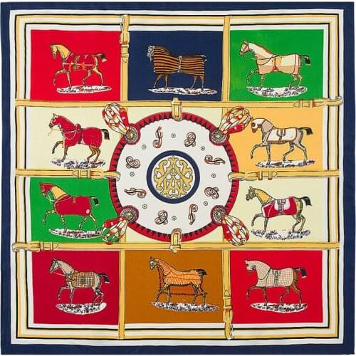 POBING 100% Silk Square Scarf Spain Ten Horse Printed Scarves High Quality Square Foulard NeckerChief Small Bandana Lady Hijab