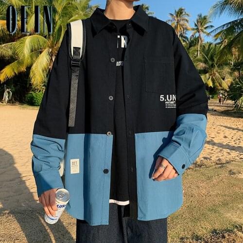 OEIN Men Oversize Cotton Patchwork Shirt 2021 Man Hip Hop Streetwear Button Up Long Sleeve Shirt Couple Korean Harajuku Clothing
