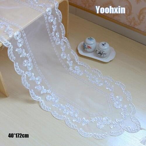 Modern white tulle Embroidery bed Table Runner cloth cover dining Lace tea coffee tablecloth Christmas hotel party Wedding decor