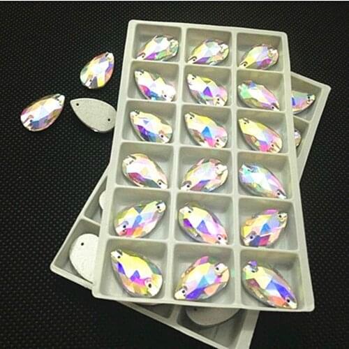 144pcs/box 10*18mm Glass Crystal Teardrop Sew On Rhinestones Shiny Crystal Clear AB Color Flatback Drop Sewing Jewelry Beads
