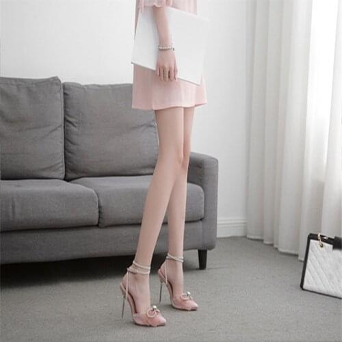 Ladies Pink Sequins Summer Crystal Bow Ladies Shoes Party Shoes with High Heels Striptease Shoes Size 41 42