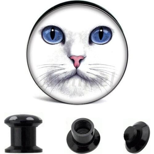 Wholesale Ear Gauge Plugs White Cat Face Acrylic Screw Fit Flesh Tunnel Plug Eyelet Body Piercing Jewelry AW40303