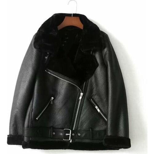 Autumn Winter Women Sashes Pu Leather Coat Turn-Down Collar Zipper Warm Jacket Casual Imitation Fur Leather Jacket Outwear