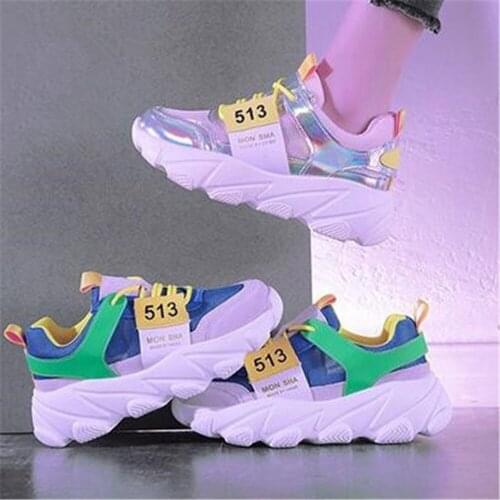 2021 Spring Korean Platform Sneakers Women Lace Up Thick Bottom Chunky Trainers Breathable Mixed Colors Non Slip Casual Shoes