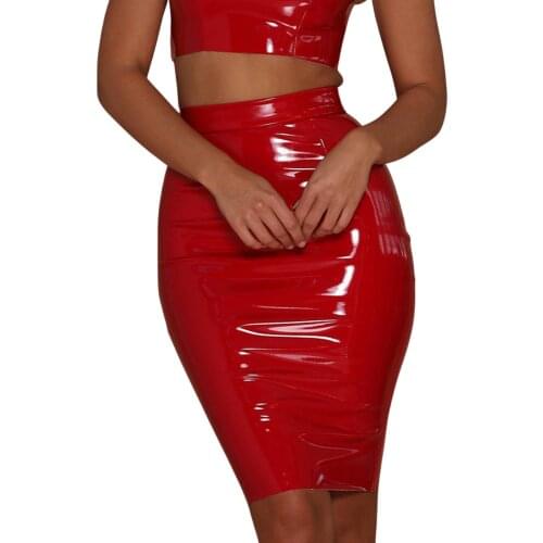 Women Sexy Stretchy Skirts zipper Adults Solid Color High Waist Faux Leather Pencil Skirts