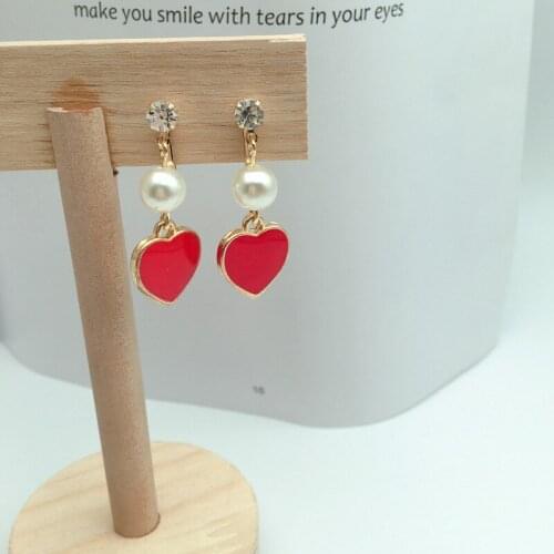 GRACE JUN New Black and Red Color Heart Clip on Earrings for Girl Fashion Luxury Pierced Earrings Gold Color Pearl Cute Earring