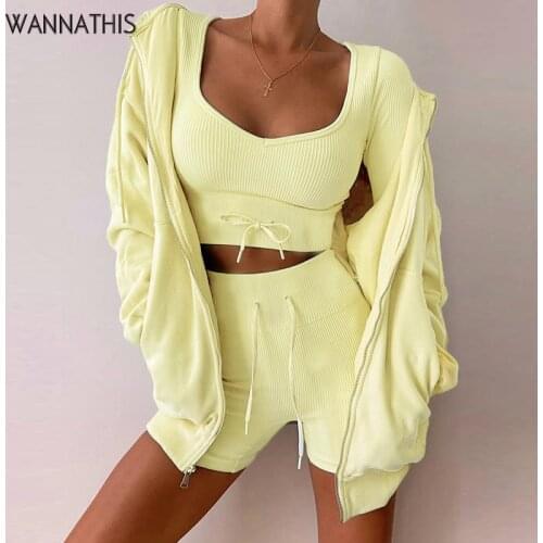 Wannathis Summer Sexy Women Two Piece Short Set Slim Lace Up Crop Top 2021 Long Sleeve Outfit Sport Casual Fitness Fashion Sexy