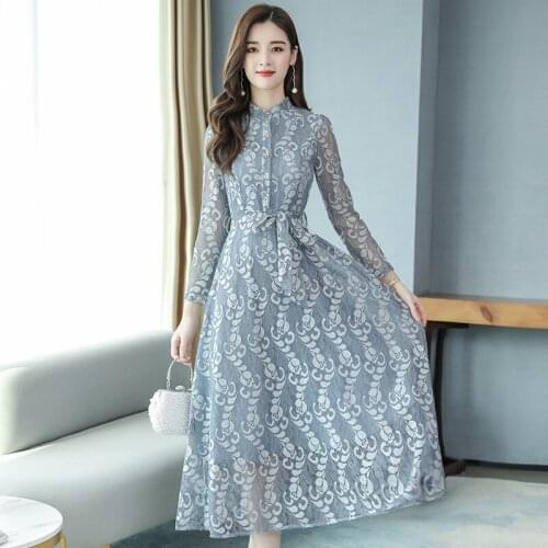 Spring/autumn New Ladies Dress Fashion Waist Temperament Long-sleeved French Retro Lace Mid-length Skirt Woman Clothing WE344